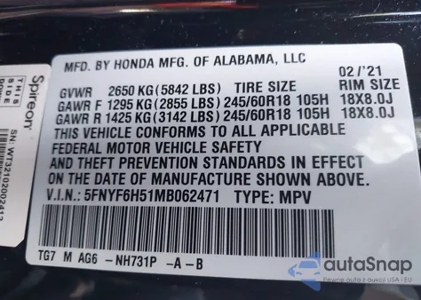 2021 Honda Pilot Awd Ex-L z USA, uszkodzony, nr VIN 5FNYF6H51MB062471